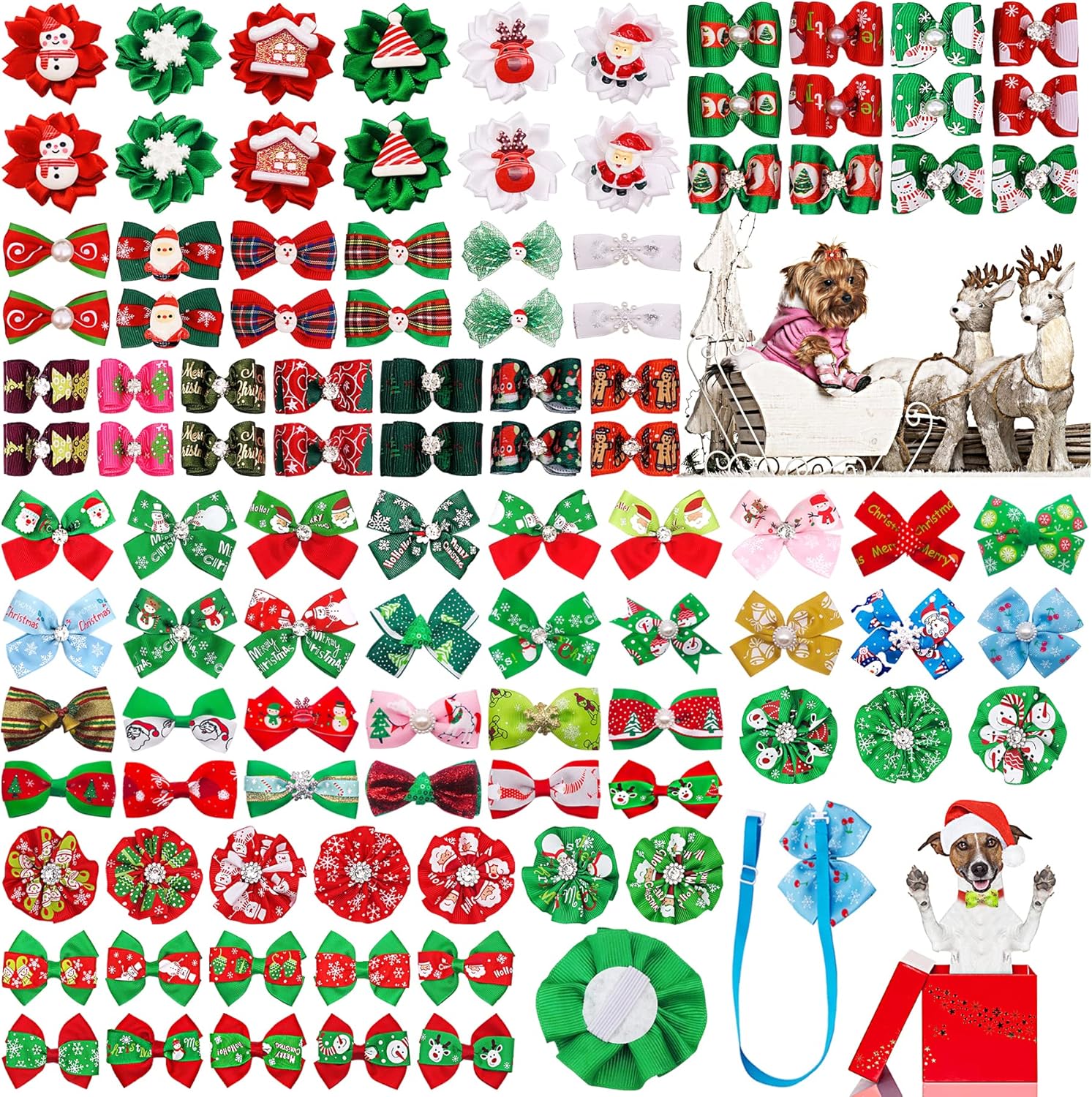 PET SHOW 100pcs/Pack Christmas Small Dog Hair Bows + Dog Bowties + Puppies Collar Flowers Attachment Grooming Set for Holiday Parties Costumes Accessores