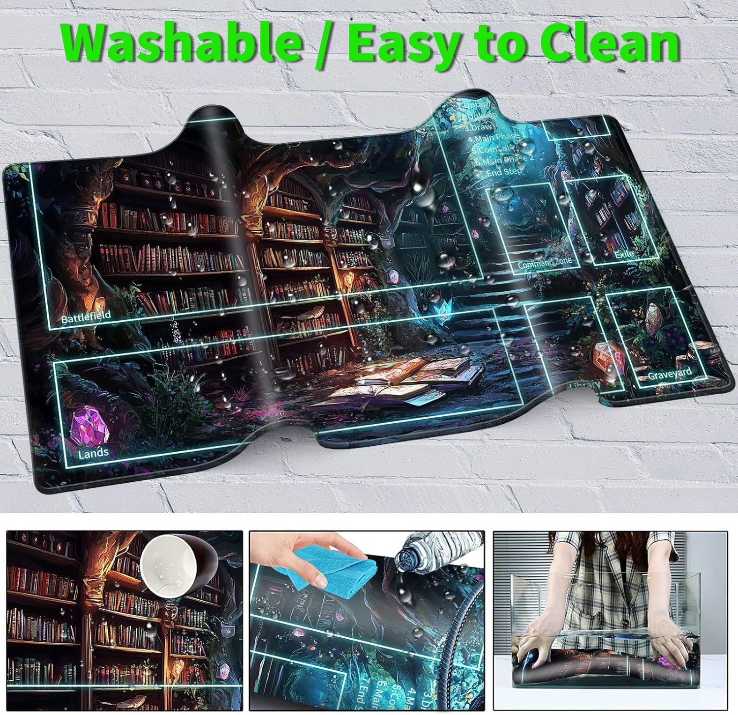 Playmat 24" x 14" with Magic Zones for MTG Card Game Playing, Board Game Mat for Card Breaking Commander Deck Gaming Card Game Battles Mat with Storage Bags, Enchanted Forest Library