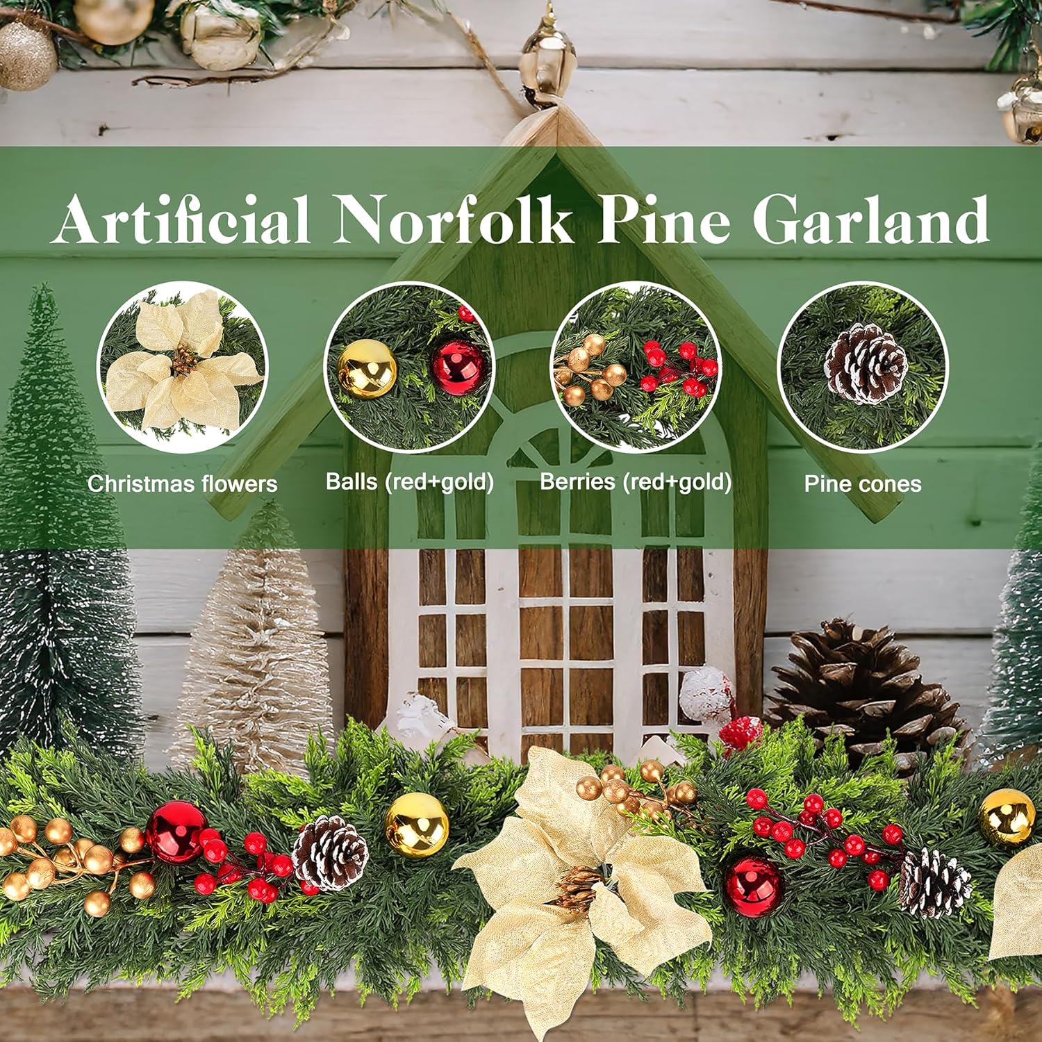 Real Touch Cedar Garland for All Year Decor, Thicken Cypress Green Artificial Greenery Garlands, 6FT Realistic Pine Garland with Flowers Berries Pinecones Balls, Cedar Garlands for Indoor Outdoor