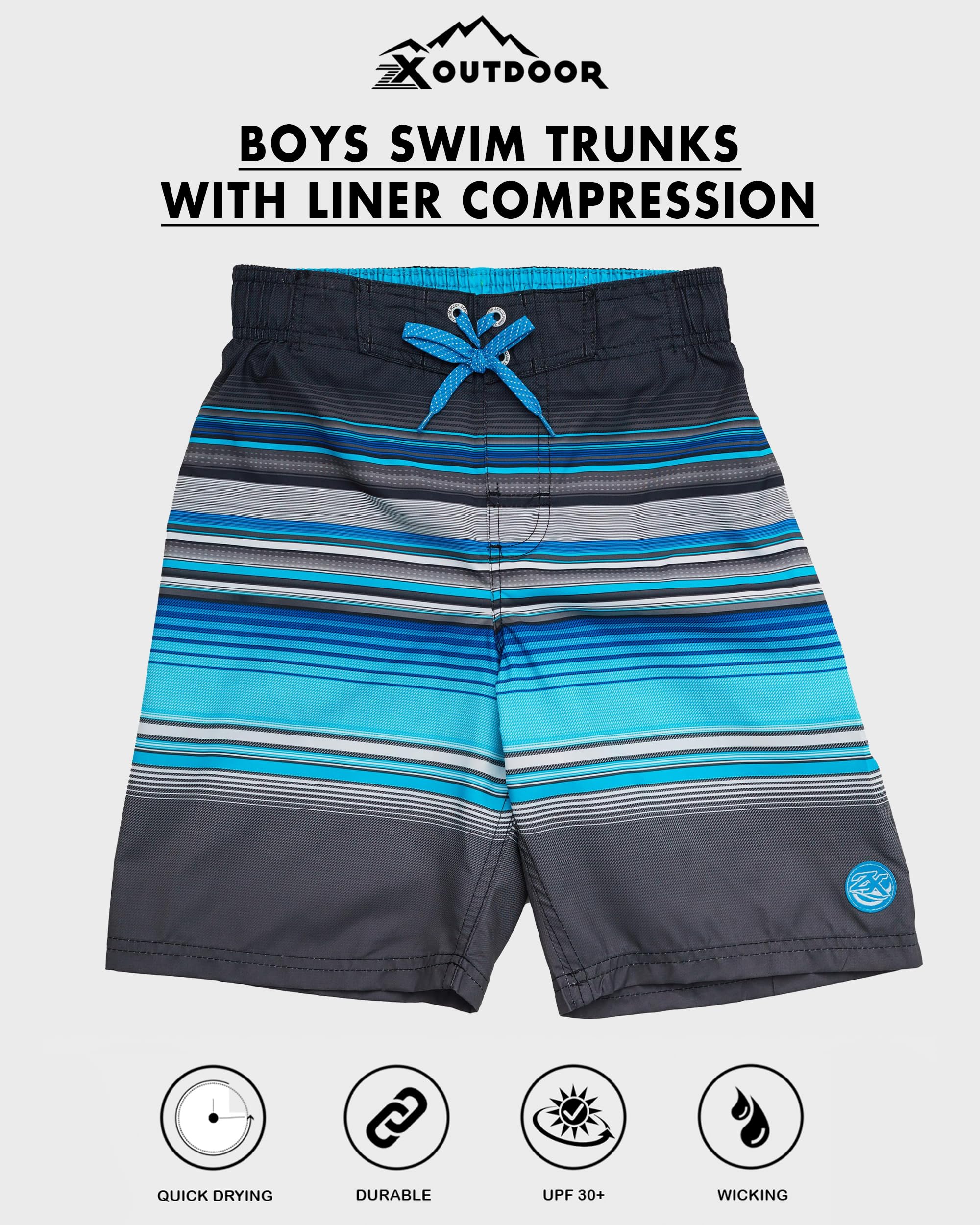ZeroXposur Boys Surfer Board Shorts with Stretch Comfort Liner - UPF 50+ Boys Swim Trunks Size 18-20 (Black/Blue, X-Large)