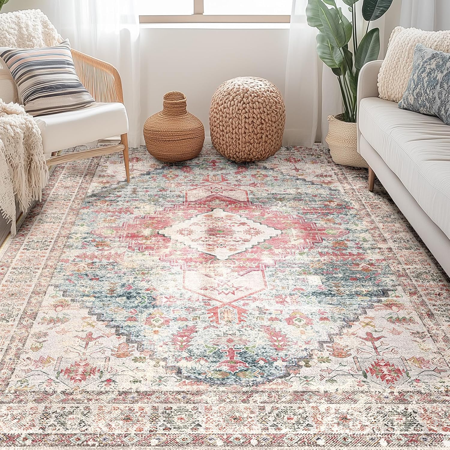Tapis pour coiffeuse chambre ado fille esprit clean girl floral rouge 120x185