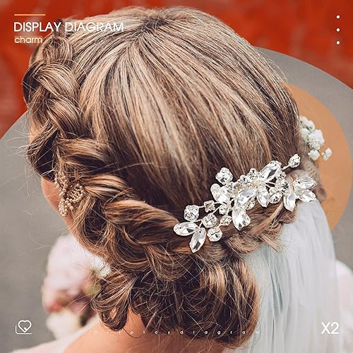 Miniatura 7 de Peine de pelo de boda para novia, 2 piezas, con diamantes de imitación plateados, accesorios para el cabello para mujeres y niñas