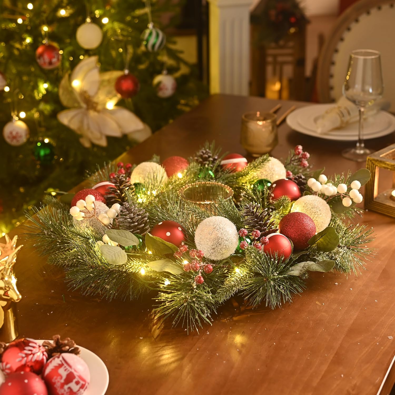 Valery Madelyn 20'' Pre-Lit Christmas Wreath for Front Door with Light, Lighted Christmas Door Wreath with Red Green White Xmas Ball Norfolk Pine Branch for Home Porch Fireplace Window Holiday Decor - Image 3