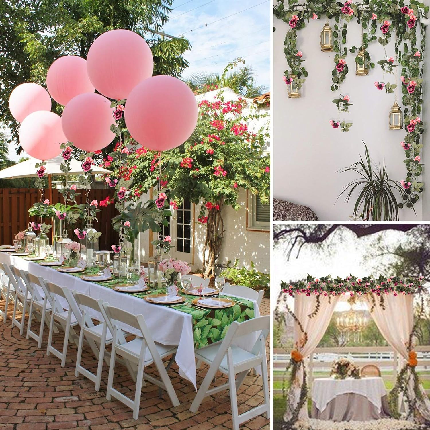 Felice Arts 2pcs Fake Silk Rose Vine 7.2Ft Atificial Flowers Green Leaf Hanging Vine Garland for Wedding Party Home Garden Wall Decoration-Pink