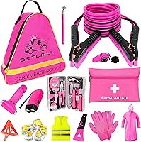 Vista 1 de Kit de emergencia rosa para automóvil, kit de accesorios de emergencia para automóvil de alta calidad con cables de puente, linterna, pala, juego