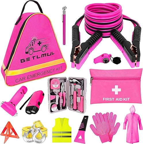 Kit de emergencia rosa para automóvil, kit de accesorios de emergencia para automóvil de alta calidad con cables de puente, linterna, pala, juego de