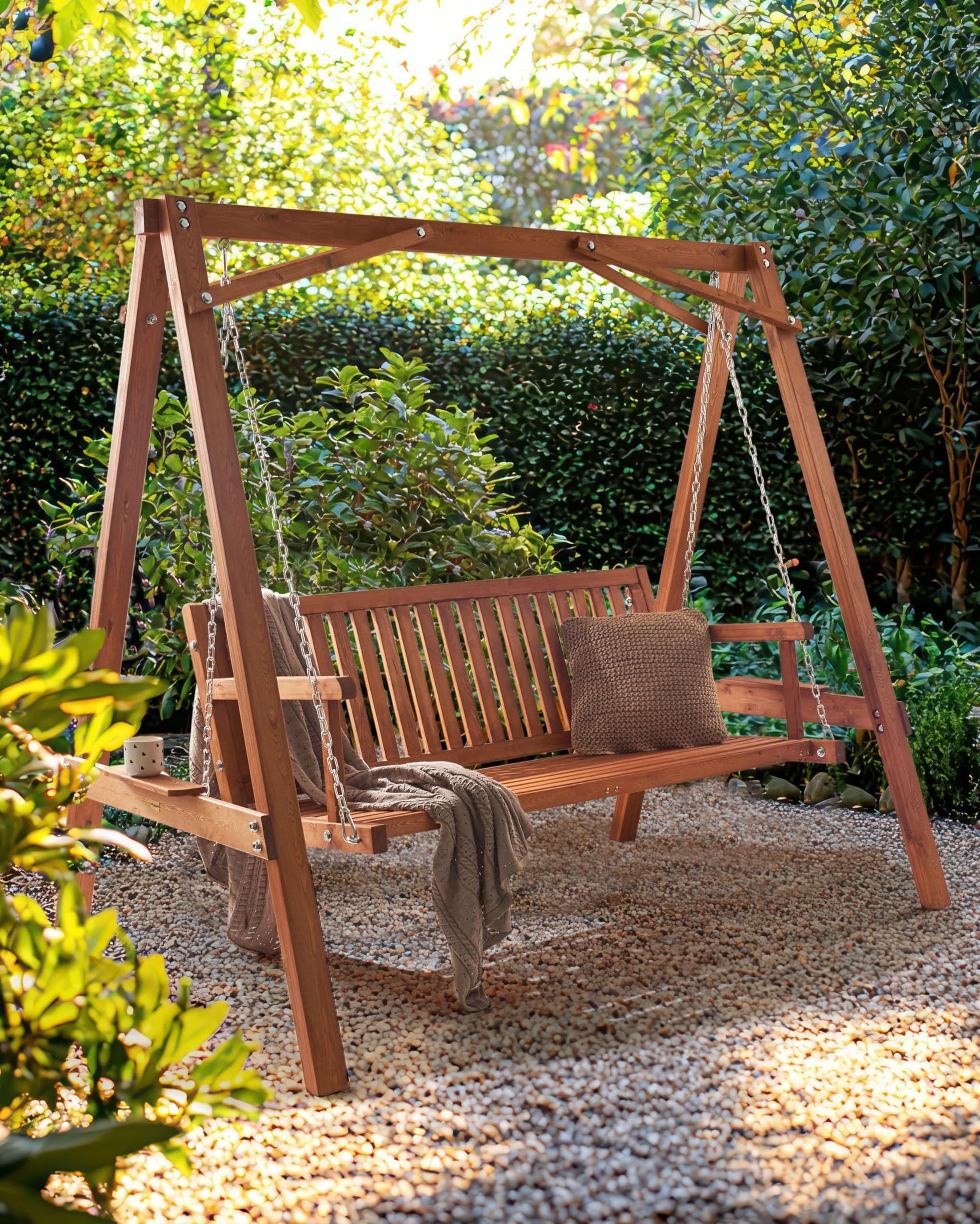 Dondolo da giardino in legno di larice, autoportante, rustica e marrone