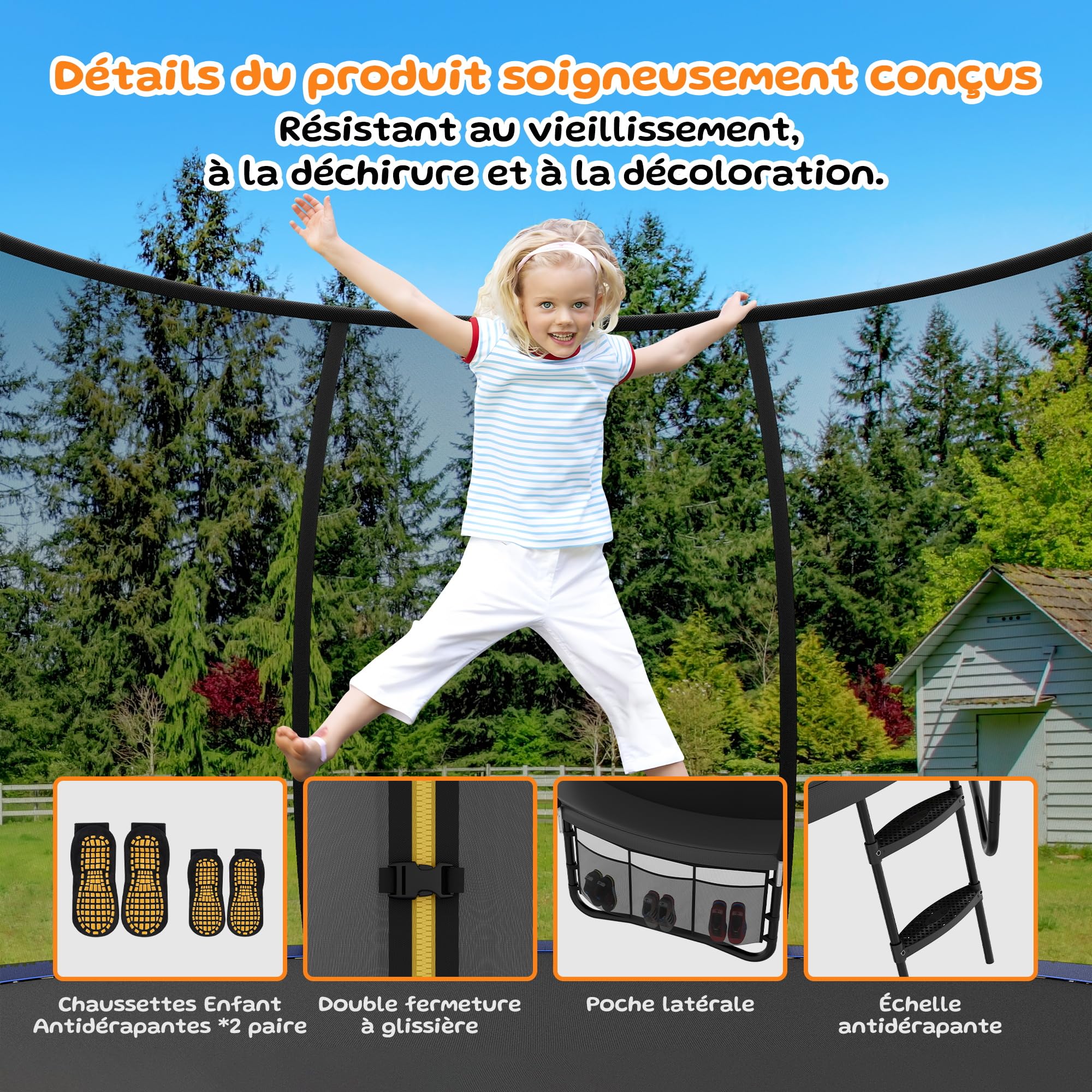 Trampoline Extérieur Ø 222/305/366/427 cm, Trampoline Extérieur Enfant, avec Filet de Sécurité, Couverture de Protection, Échelle