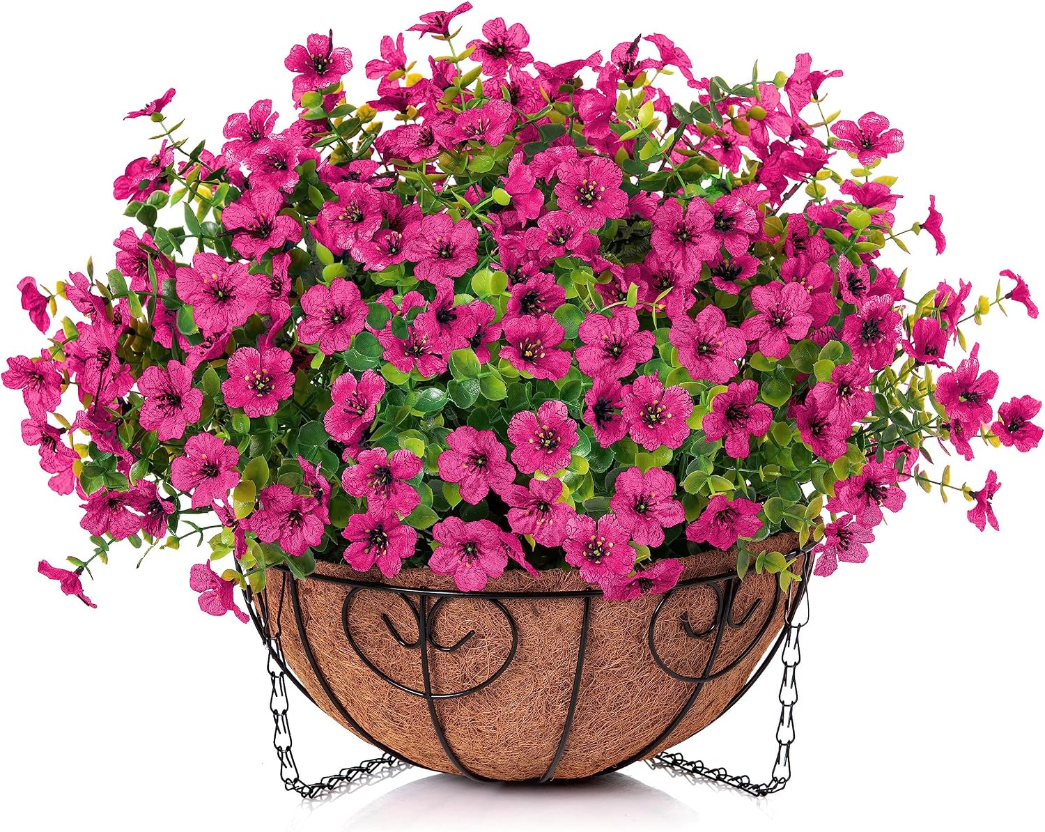 hyeflora artificial fake hanging plants flowers basket for outdoor outside porch summer decoration, faux silk hotpink dasiy uv resistant realistic in planter for home patio garden yard rose red
