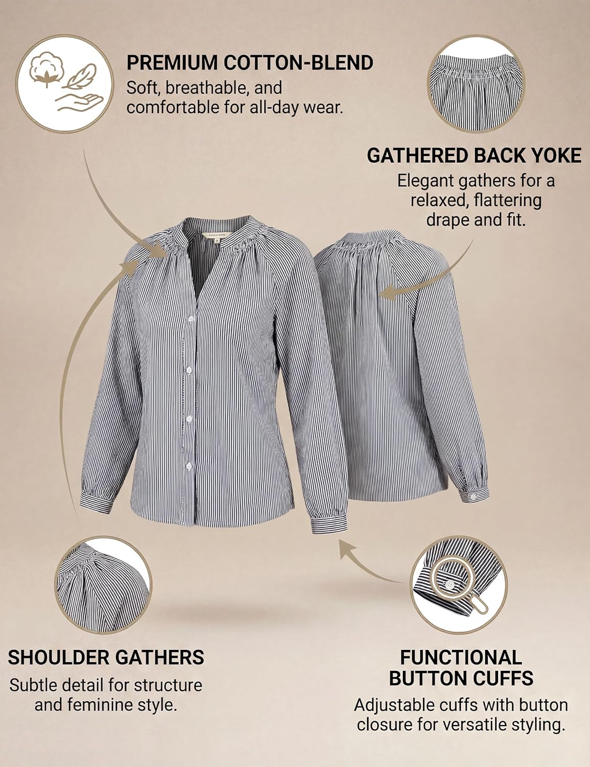 Blooming Jelly Womens Striped Button Down Shirt V Neck Long Sleeve Cotton Blouse Business Casual Trendy Fashion Work Tops - Image 4