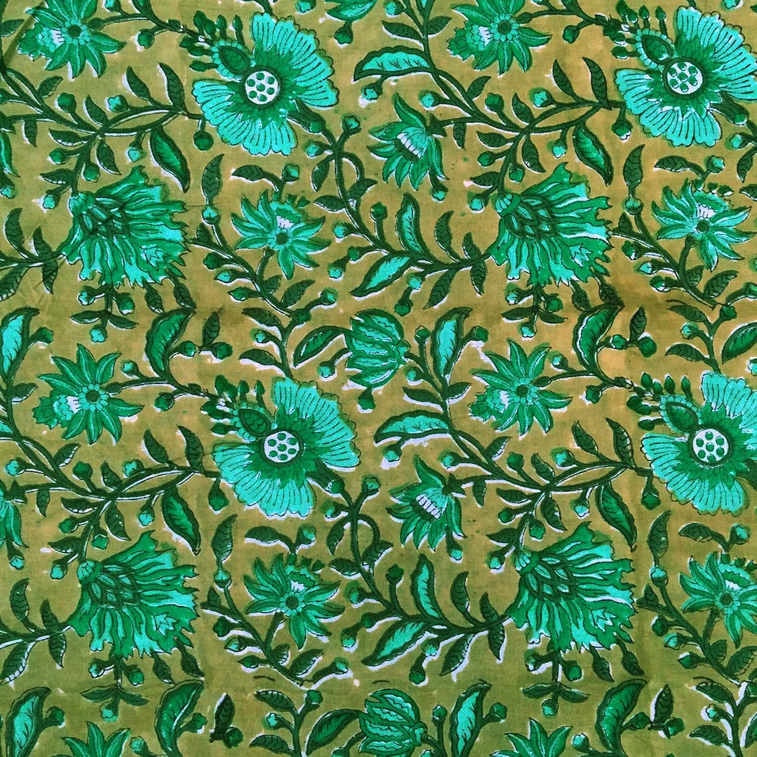 E-Tailor® Indian Ethnic 100% Cotton Voile Running Hand Block Print Natural Fabric for Dressmaking, Sewing, Crafting, Upholestry Fabric by The Yard-Floral-Green (Pattern-18, 3 Yards)
