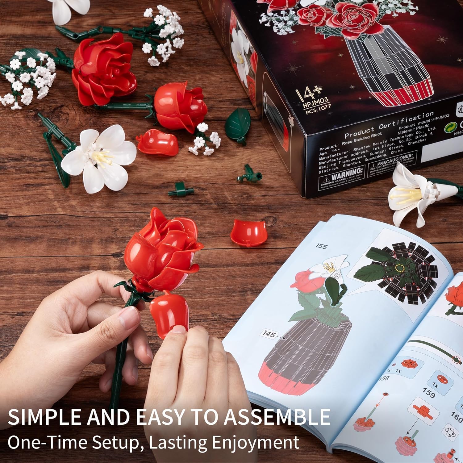 Rose Flowers Bouquet Building Set with Vase Included, 1077 PCS Artificial Flowers Botanical Collection Kit for Adults Women Men & Teen Girl, Mother's Day Birthday Gifts for Mom Her Wife Girlfriend