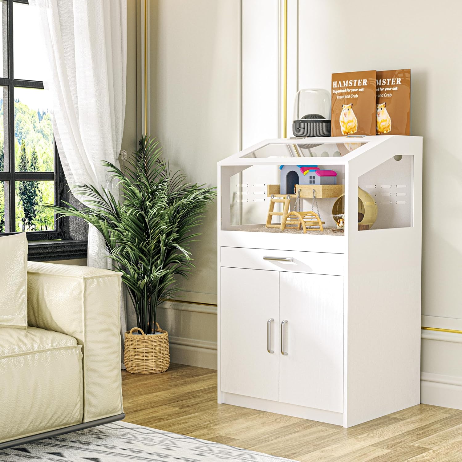 Betterhood Hamster Cage with Storage Cabinet,Hamster Cag for Small Animals, Large Hamster Cage and Habitat with Easy View Acrylic Panels for Hamster, Rabbit, Hedgehog (24"x19"x40")