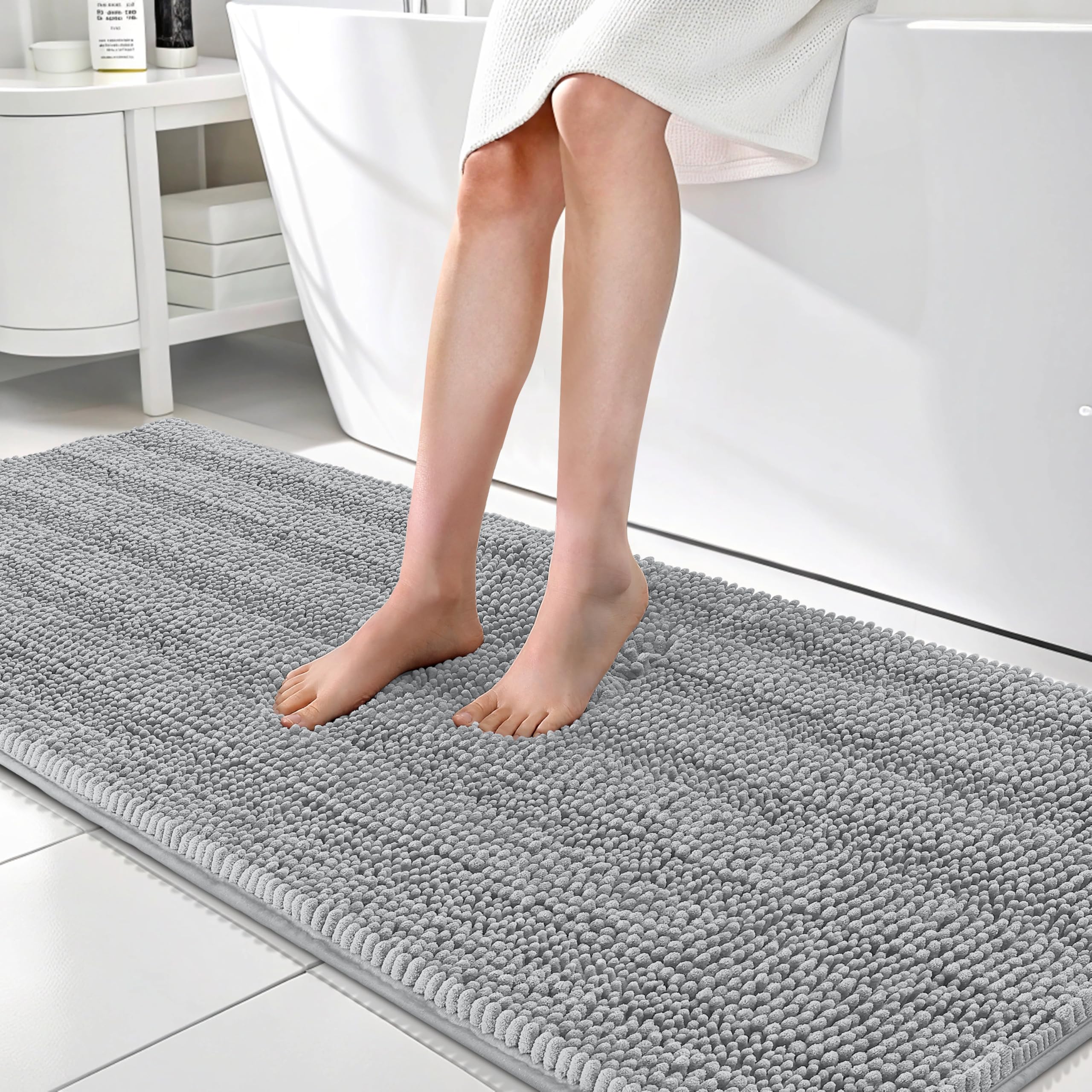 OLANLY Thick Bathroom Runner Rugs 70x24, Chenille Bath Rugs, Light Grey