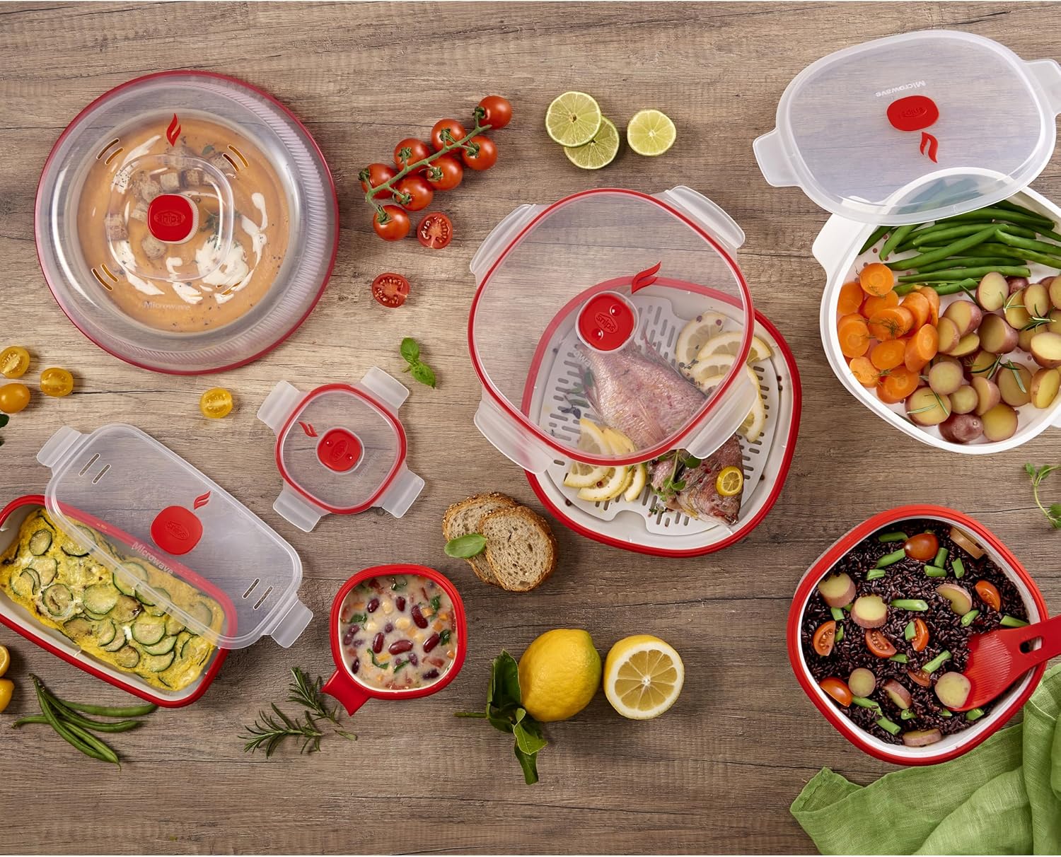 Snips - Set 5 pcs Microwave Cooking Containers - Steamer 4 LT - Steamer 2 LT - Rice & Cereal Cookers - Cook Eggs & Omelettes - Mugs - White and red - 100% Made in Italy - 0% BPA