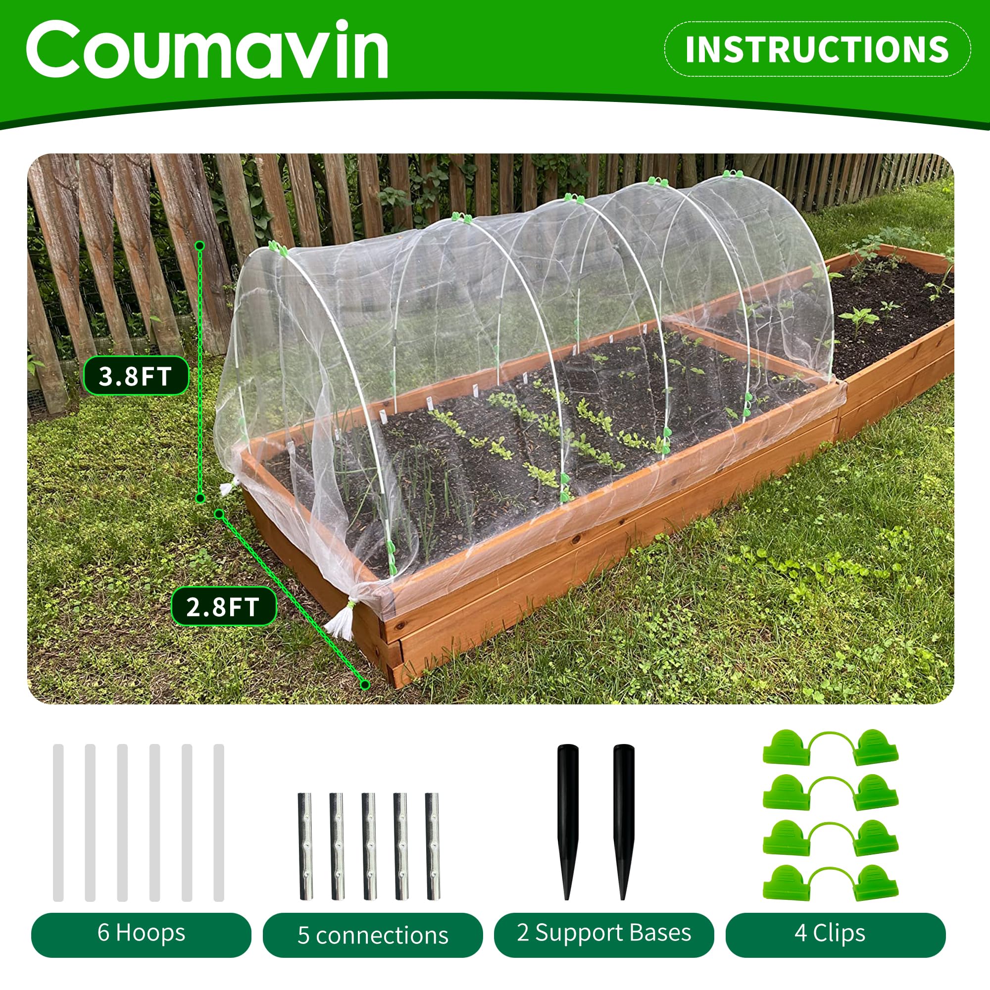 Juego de 36 aros de invernadero para túnel de cultivo, aros de jardín para camas elevadas, cubierta de fila, marco de aro de fibra de vidrio flexible, kit de aros de bricolaje para exteriores, 12