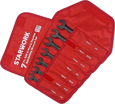 STARWORK True Mechanic™ 7Pc. 120T SAE&Metric Flexible Ratcheting Wrench Set, Professional, with Roll-Up Pouch Bag