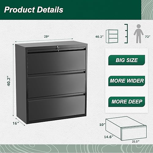 Miniatura 10 de Superday Archivador lateral de 3 cajones, archivadores blancos con cerradura, archivadores de metal con bloqueo, archivador de tres cajones