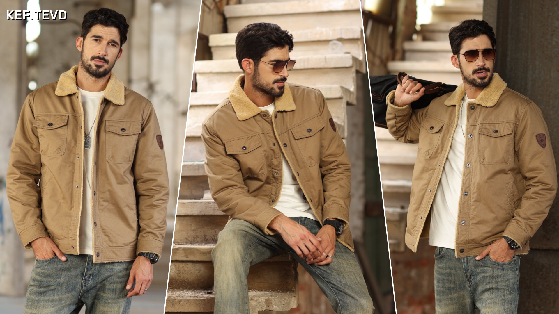 Herren-Jacke, Vintage-Jacke, Winterjacke, Fleece, Gefüttert, Militär