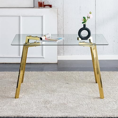Miniatura 8 de Mesa de comedor de cristal para 4-6, moderna mesa rectangular minimalista con mesa de vidrio templado de 0.31 pulgadas y patas de metal chapadas,