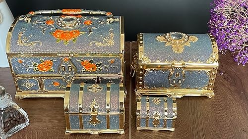 Miniatura 6 de Joyero retro arqueado vintage rectangular de metal para collar y aretes, estuche de almacenamiento para mujeres y niñas (dorado Starlight