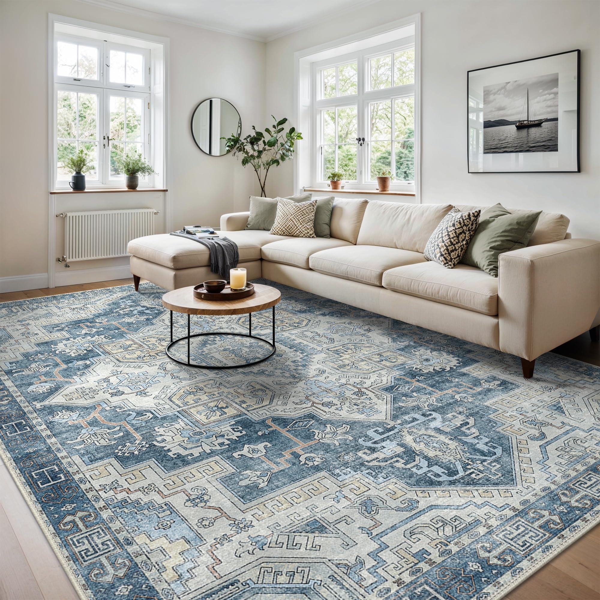 BEIMO Waschbarer Rutschfester Teppich 200x290 cm, Extra Großer Vintage Boho Stil, Leichte und Farbechte Matte, Strapazierfähiger Bodenläufer für Wohnzimmer, Esszimmer und Stark Beanspruchte Bereiche