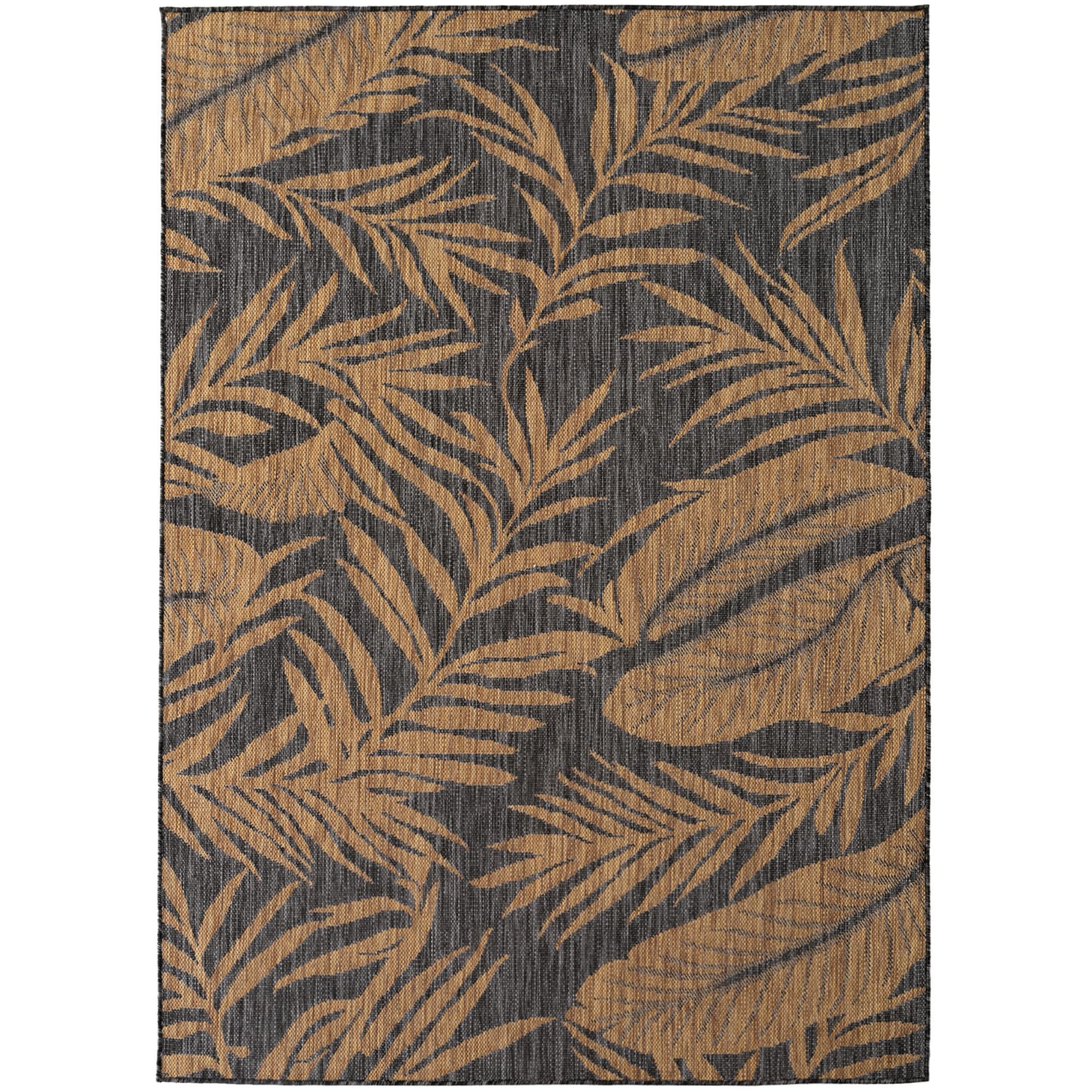 Teppium Tapis Extérieur Noir Effet Jute 140x200 cm Balcon Terrasse Jardin Résistant UV Moyen Grand Motif Palmier Tissage Plat