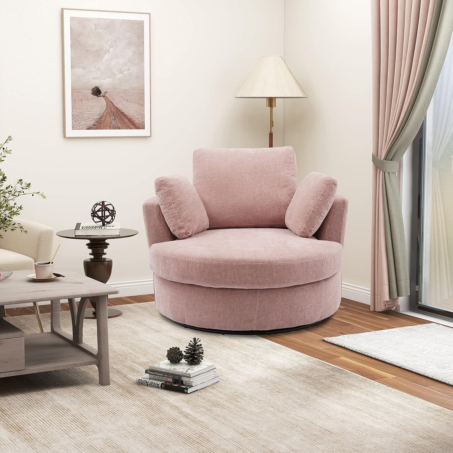 42.2" W Swivel Accent Barrel Chair and Half Swivel Sofa with 3 Pillows 360 Degree Swivel Round Sofa Modern Oversized Arm Chair Cozy Club Chair for Bedroom Pink 42.2" L x 41" W x 33.1" H