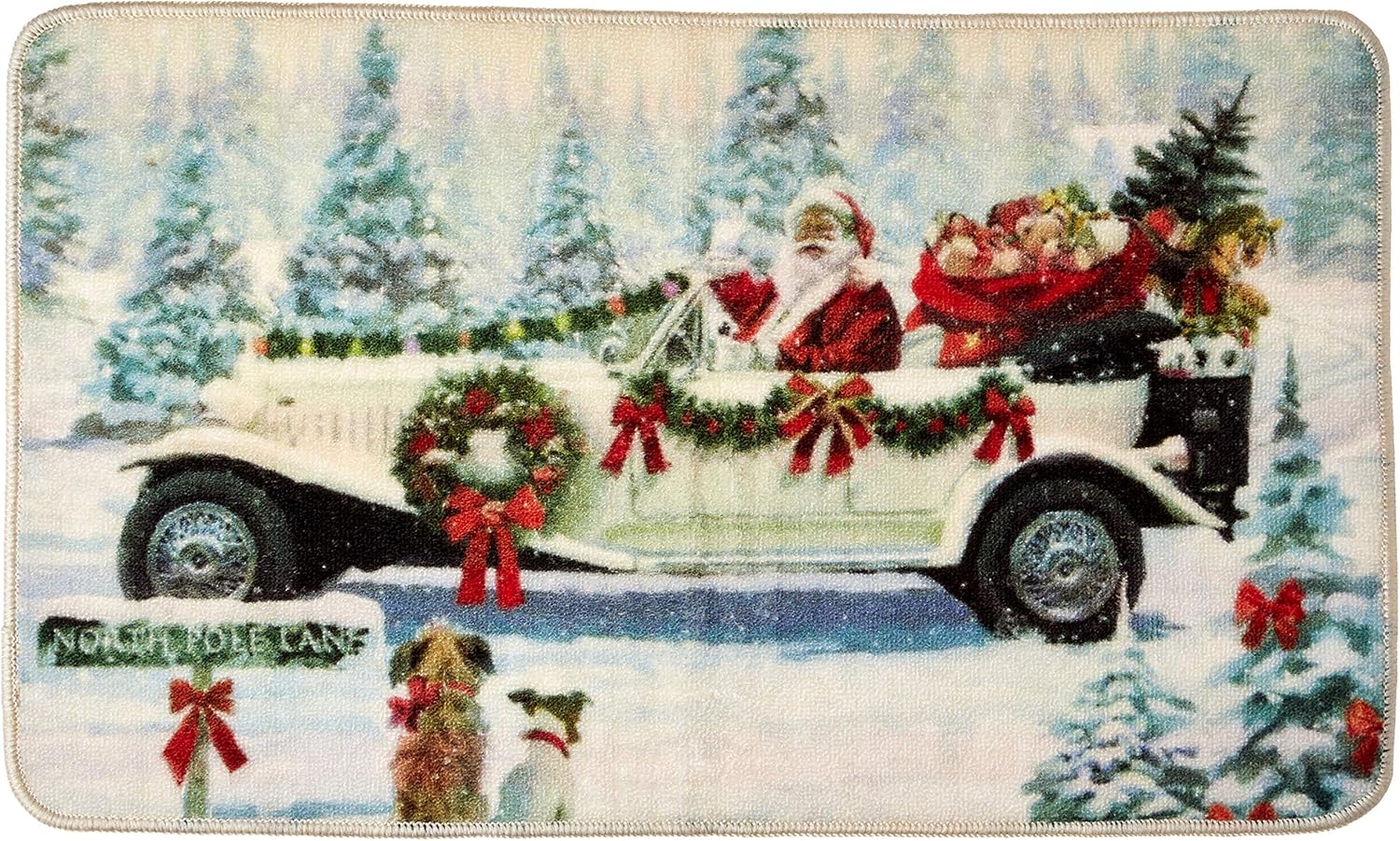 Violet Linen Seasonal Christmas Santa Claus Actions Pattern, Nylon, Digital Print, Latex Rubber Non Slip Backing, Santa's Car Design, 18 Inch by 30 Inch, Decorative Area Rug, Doormat