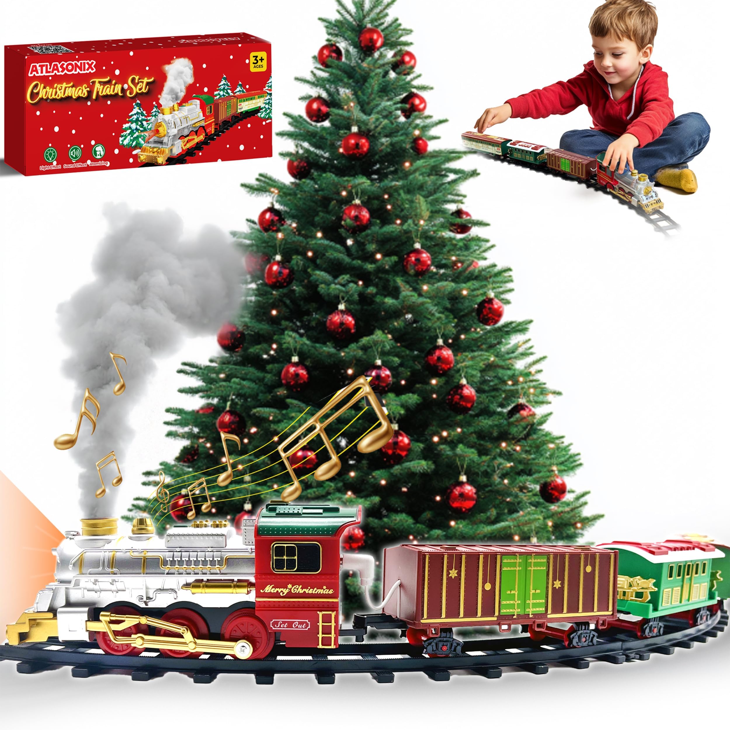 Atlasonix Christmas Train Sets for Around The Tree with Lights, and Sounds - Christmas Toy Holiday Train Around Christmas Tree W/Large Tracks, Electric Train Set for Kids Ages 4-8