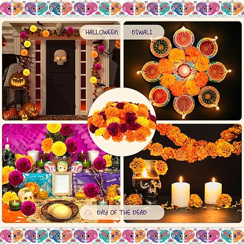 Miniatura 6 de WILLBOND 140 flores de caléndula artificiales mexicanas con cabeza de caléndula para decoración del Día de los Muertos para decoración india Diwali,