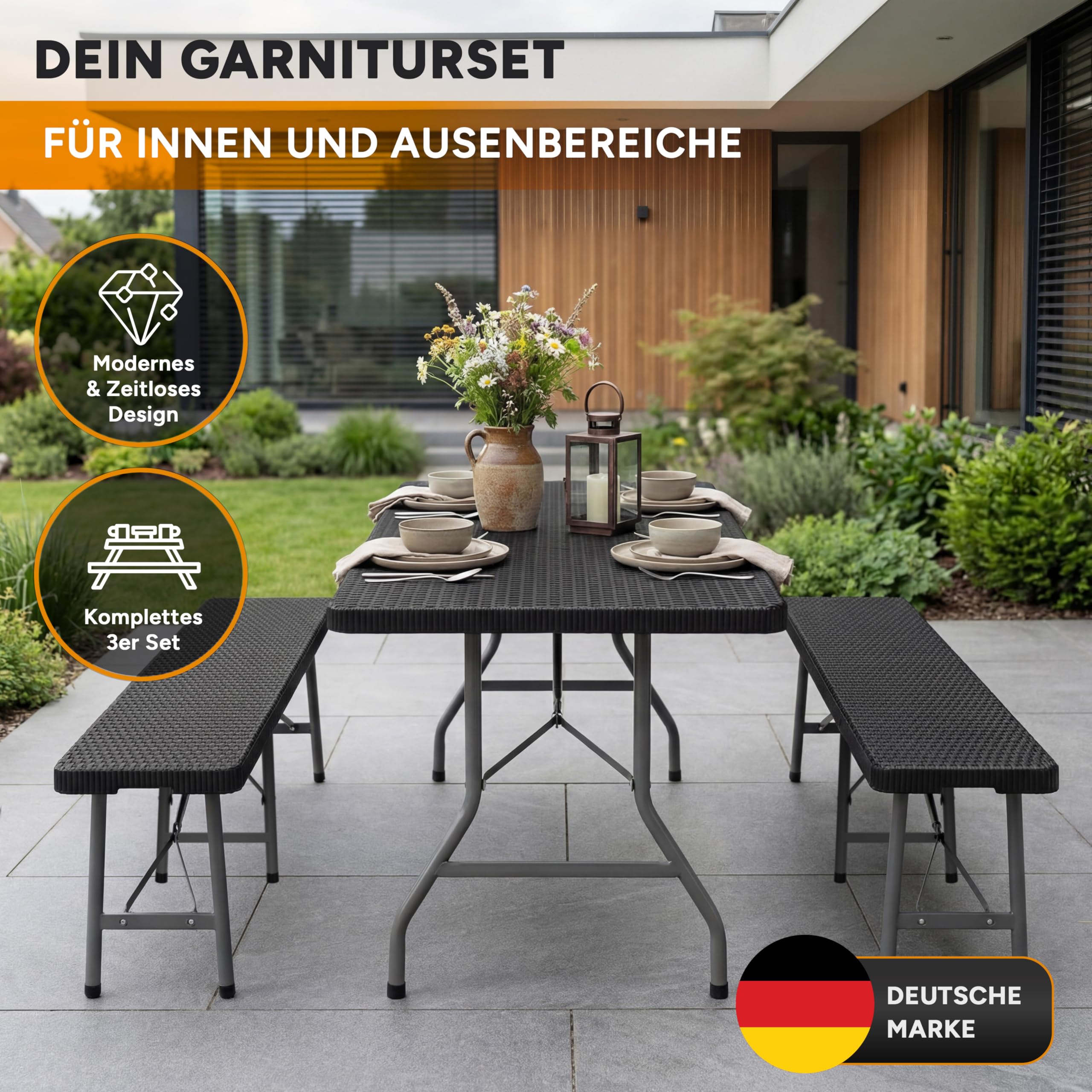 Bierzeltgarnitur Klappbar 3-teilig – Kunststoff Biertischgarnitur Tisch & 2 Bänke – Campingtisch, Festzeltgarnitur, Rattan-Optik, Wetterfest, Tragegriff, 500 kg je Bank