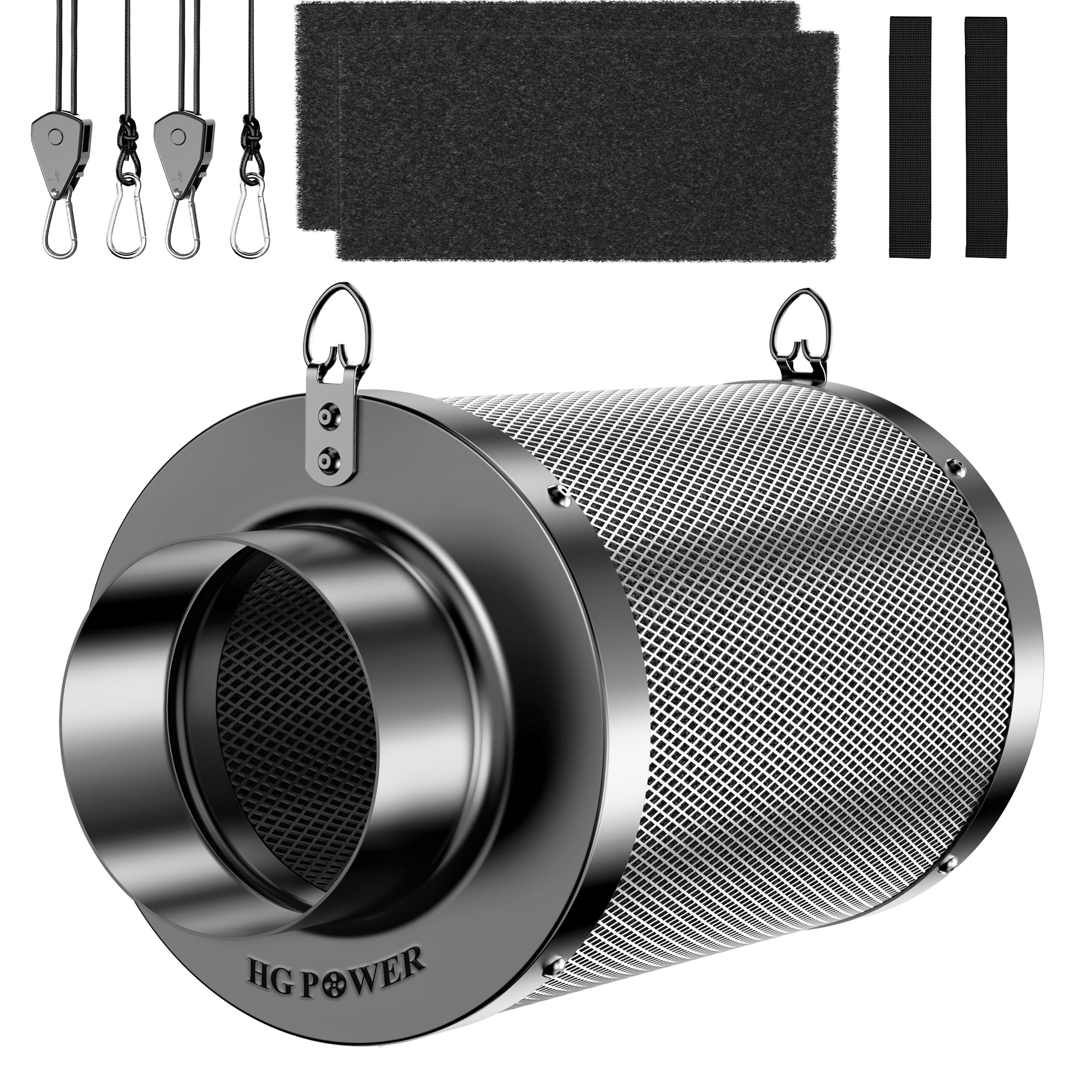 HG Power Aktivkohlefilter 150mm – 38mm Premium Australische Virgin-Aktivkohle, Geruchskontrolle für Grow-Zelt, Hydrokultur & Rohrventilator, inkl. 2 Vorfilter & Reversibler Flansch, Ø150mm × 200mm