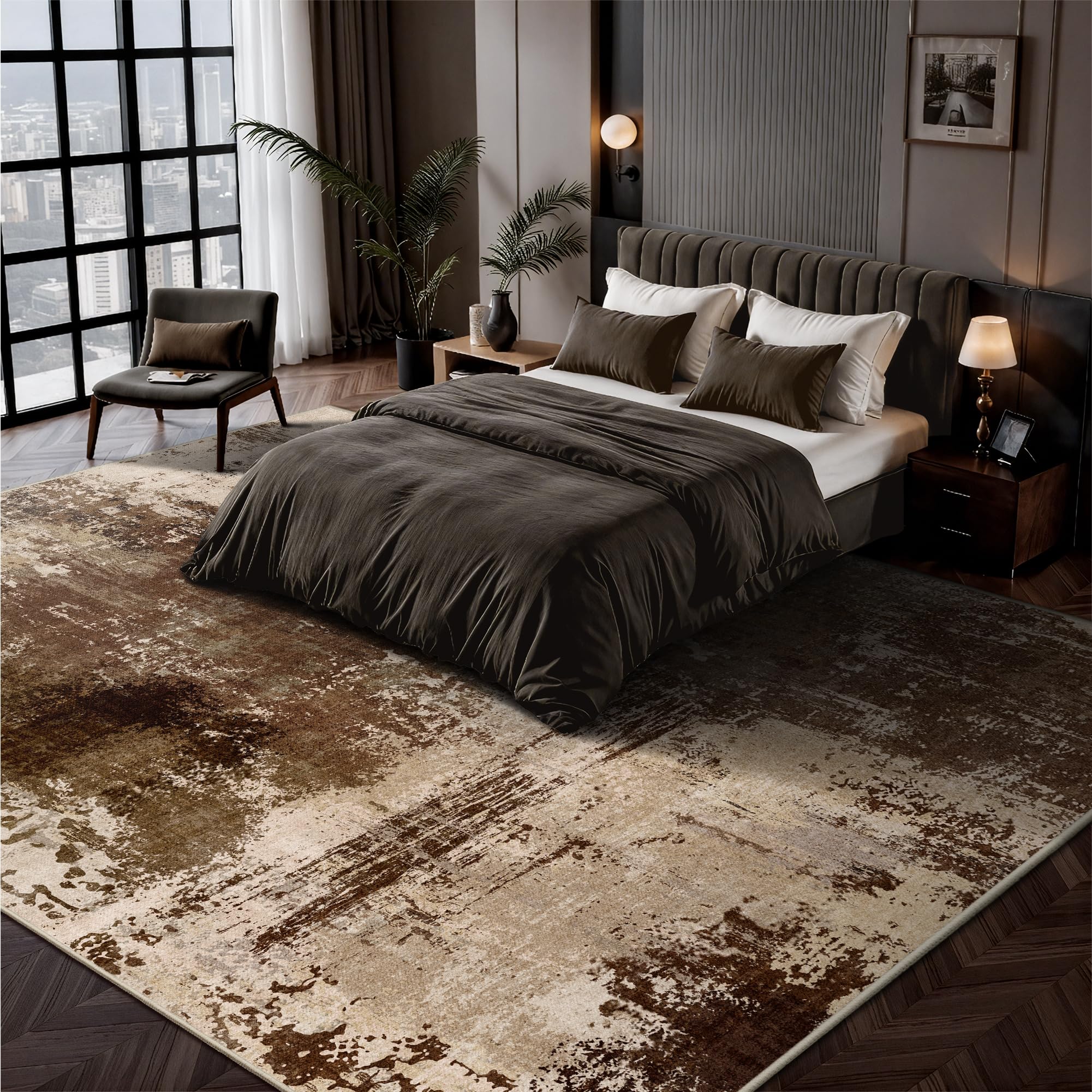 Condition photo showing Good Condition for 8x10 feet rugs for living room - modern abstract washable rug, ultra soft non slip low pile large rugs, floor carpet for bedroom dining room office laundry nursery home(a-brown)