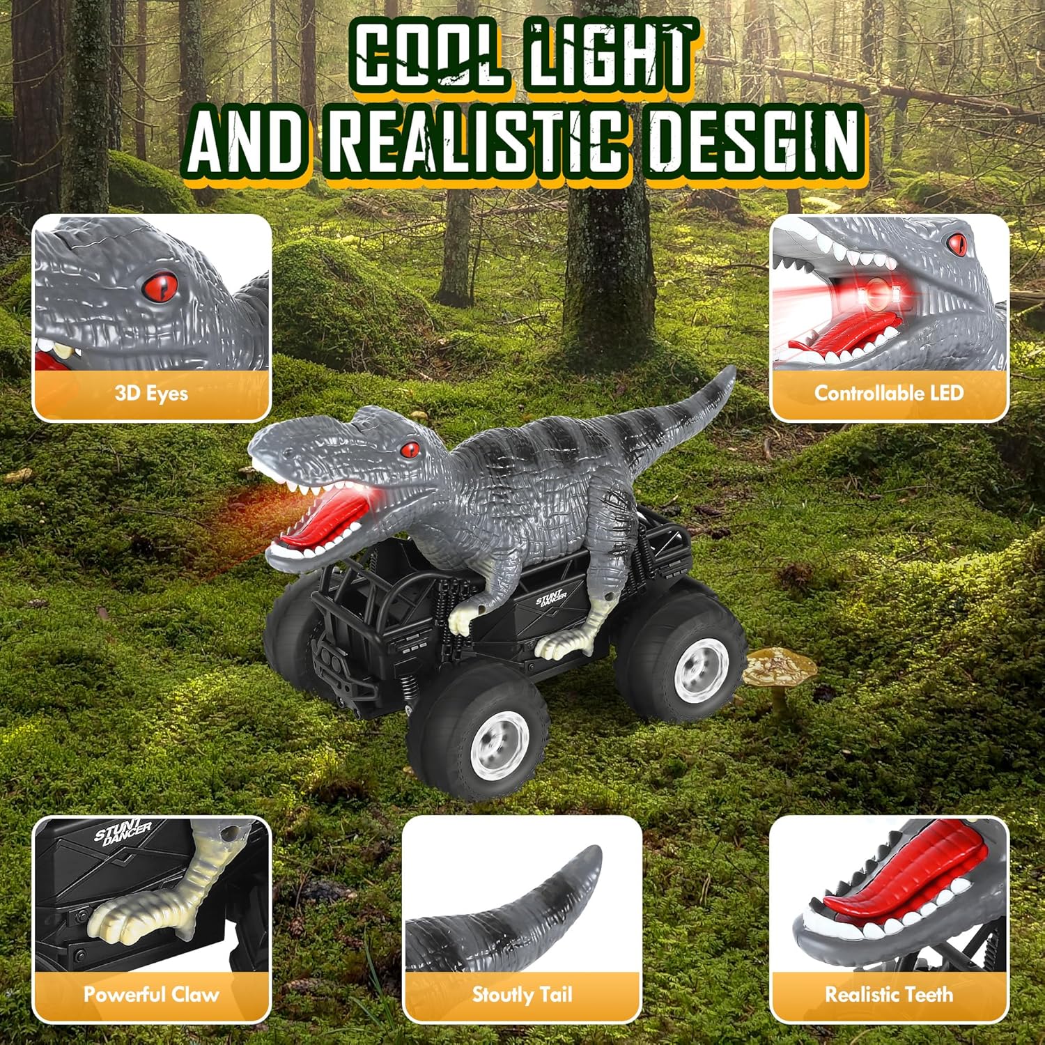 Remote Control Car, 2.4GHz 1:18 RC Cars with Light, 98FT 8KM/H 2-Rechargeable Battery, All Terrain Monster Remote Control Truck Toy, Christmas, Dinosaur Monster Trucks for Boy Age 4-7, Kid 6+