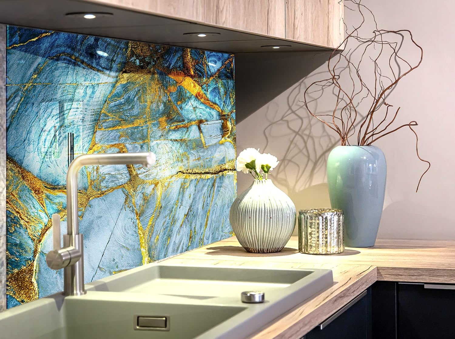 Myphotostation Tempered Glass Splashback 48Wx32H''Dark Blue Marble