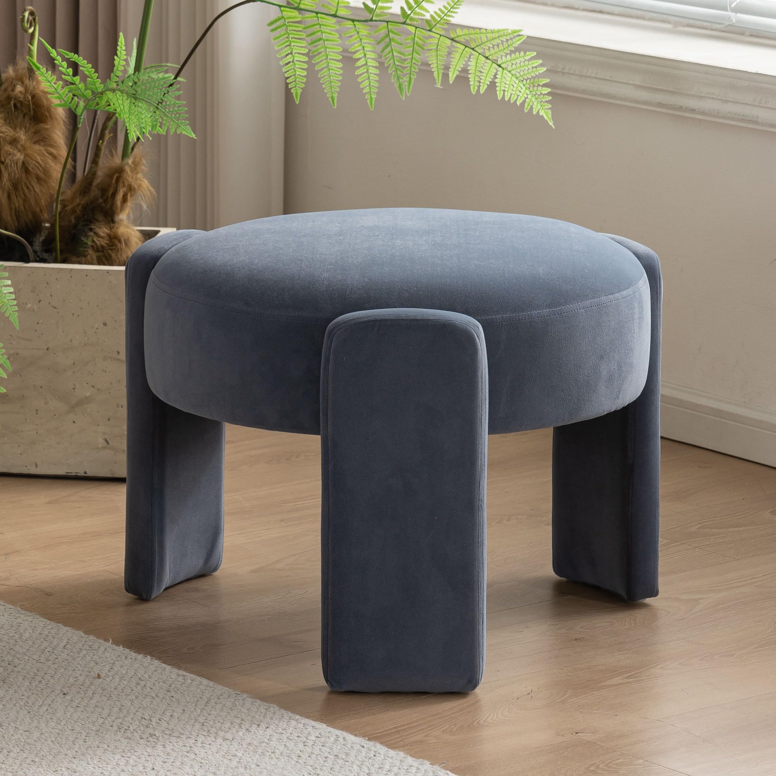 VKNOW Velvet Ottoman Mordern Round Vanity Chair Stool Soft Foot Stool Ottoman for Living Room Foot Rest (Blue)