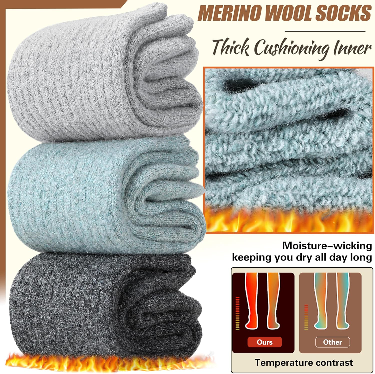 EBMORE Merino Wool Socks for Women Hiking Thermal Warm Winter Thick Boot Cozy Crew Comfy Work Socks for Ladies 5 Pairs - Image 3