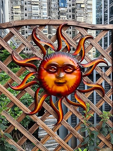 Miniatura 6 de TICKCACY Decoración de pared de sol de metal, arte de pared de sol de 27.5 pulgadas para colgar en interiores y exteriores, arte de cara de sol,