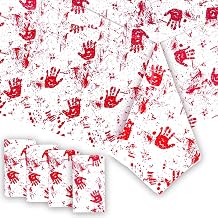 Pyrrhiax 4 Pcs 54 x 108 Inch Bloody Handprint Tablecloth Disposable Blood Splatter Themed Plastic Table Cover with Red Handprints for Halloween Horror-Themed Party Decorations, and Scary Movie Nights