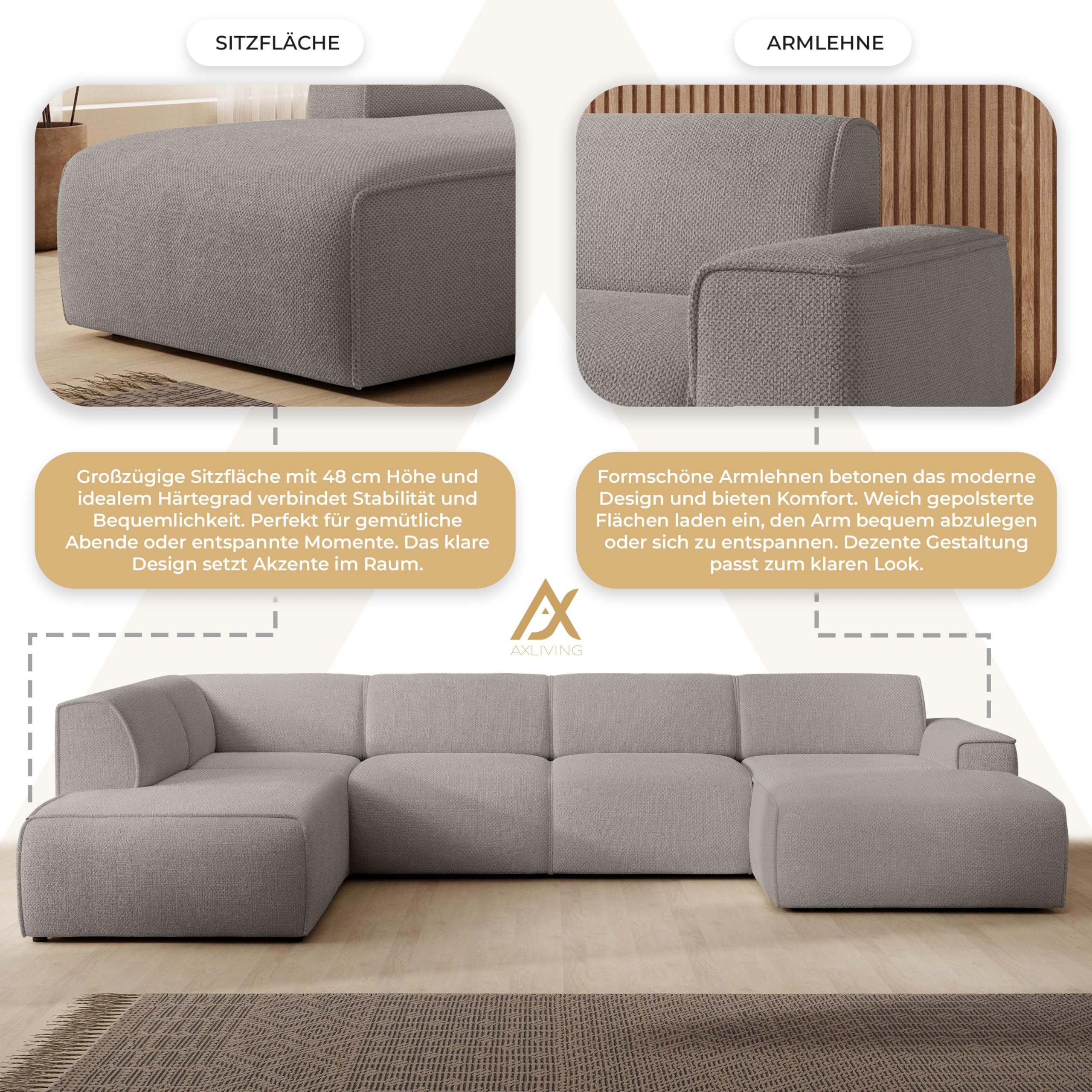 XXL Sofa U Form Didim Hellbraun 378 cm breit modern & großzügig L
