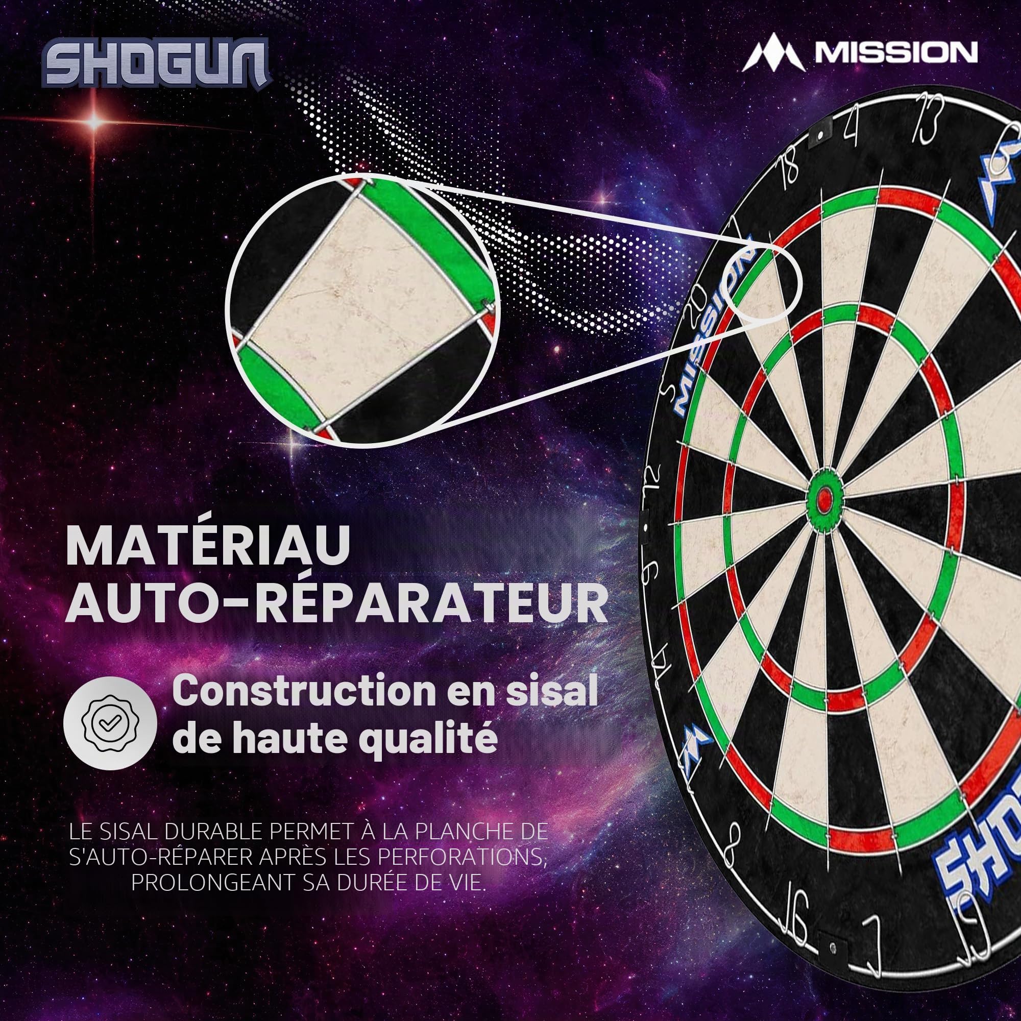 Mission Darts Jeu de fléchettes Shogun | Endurance Jeu de fléchettes rond en sisal avec 2 jeux de fléchettes à pointe en acier