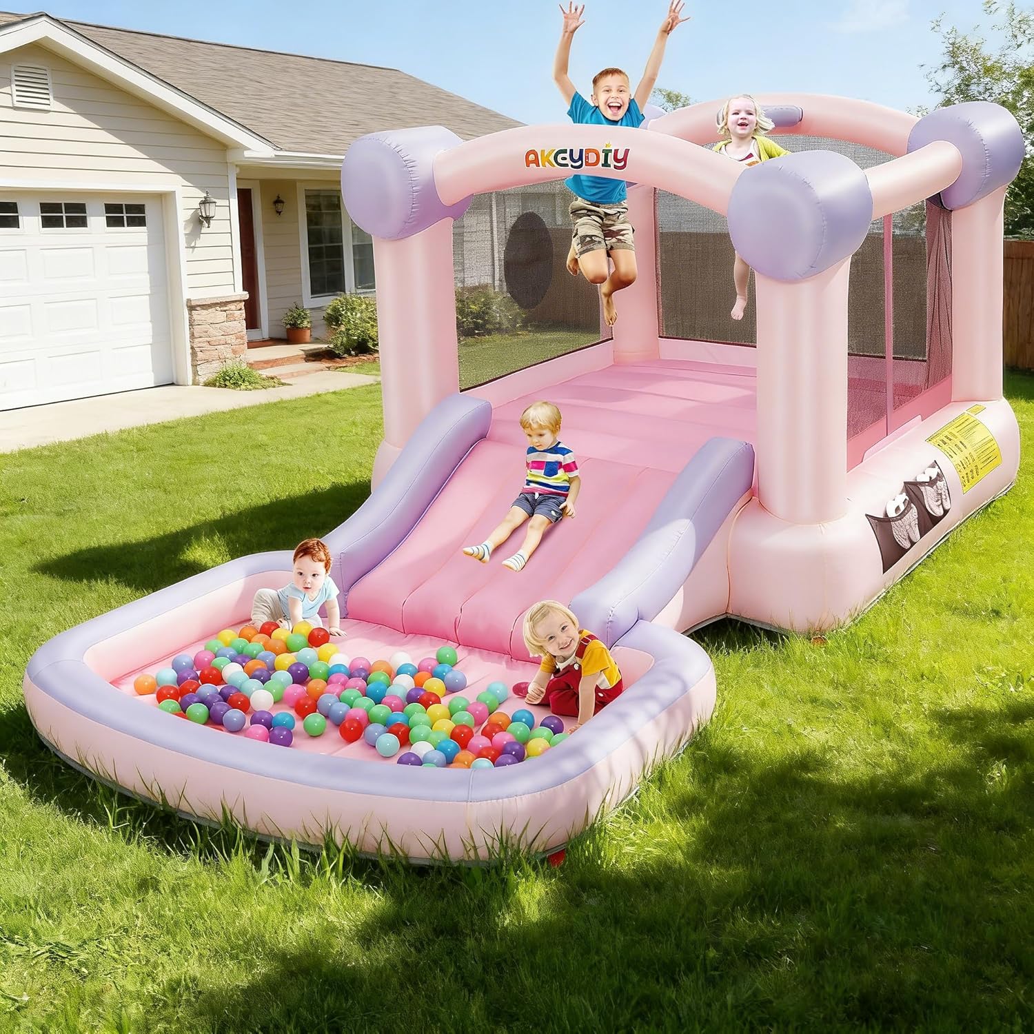 AKEYDIY Inflatable Bounce House, Fantasy Macaron Color Bounce Castle for Kids 3-10, 161" x 82" Indoor/Outdoor Bouncy House with Slide for Wedding Party Kids Birthday Party, UL Blower Included