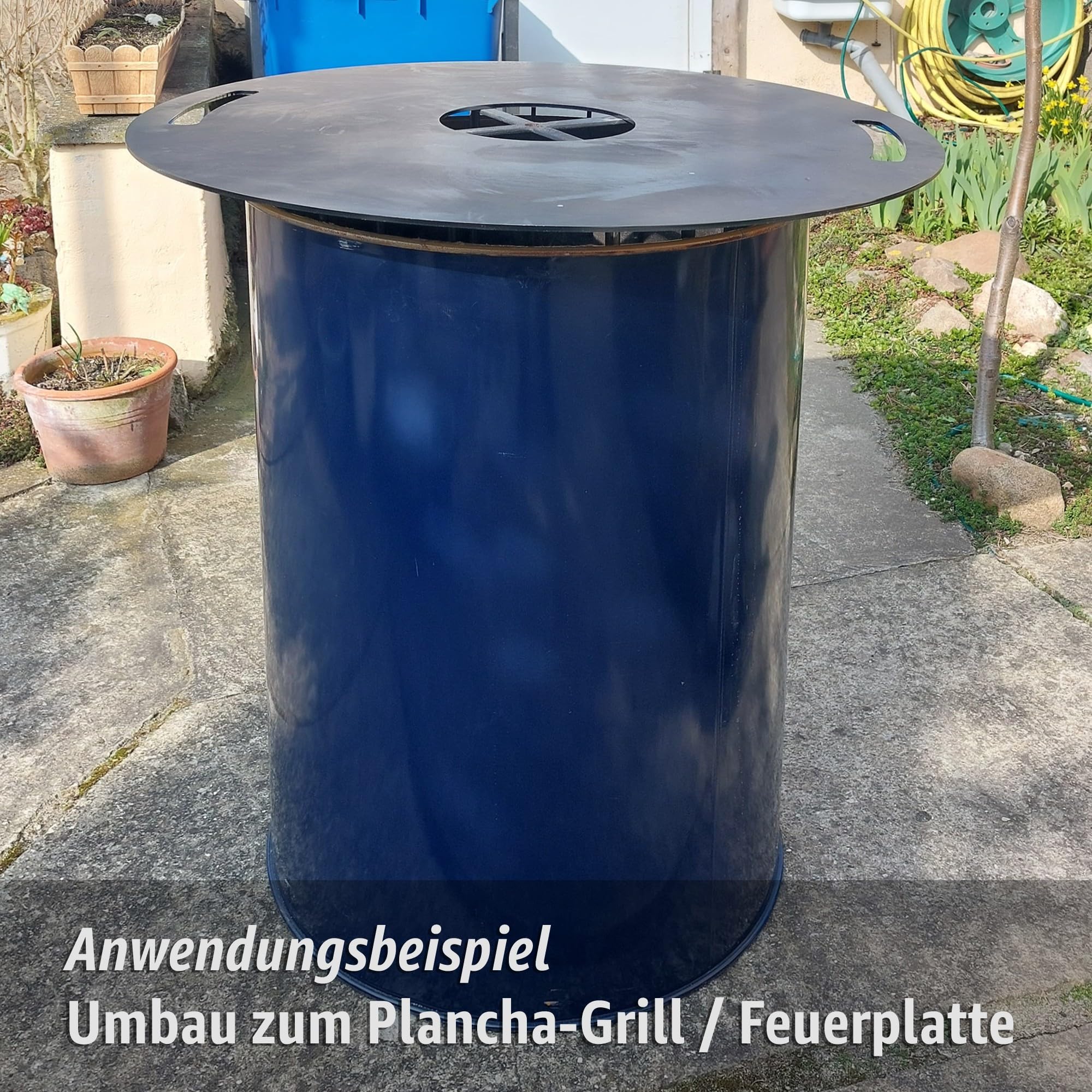 plasteo® 200 litrów metalowa beczka z pokrywką, beczka stalowa beczka na olej, pojemnik na olej, pojemnik na ogień, beczka blaszana, stolik do palenia, beczka na getto, niebieska, zielona, turkusowa