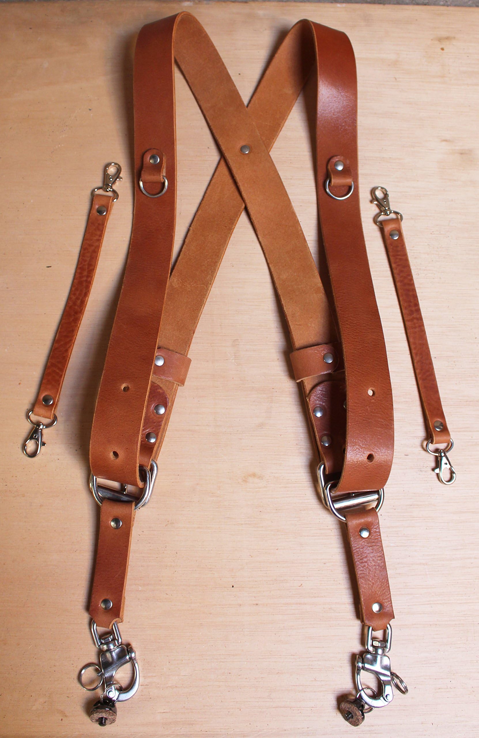 Dual Multi Camera Tan Real Leather Harness Shoulder Strap Handmade in England
