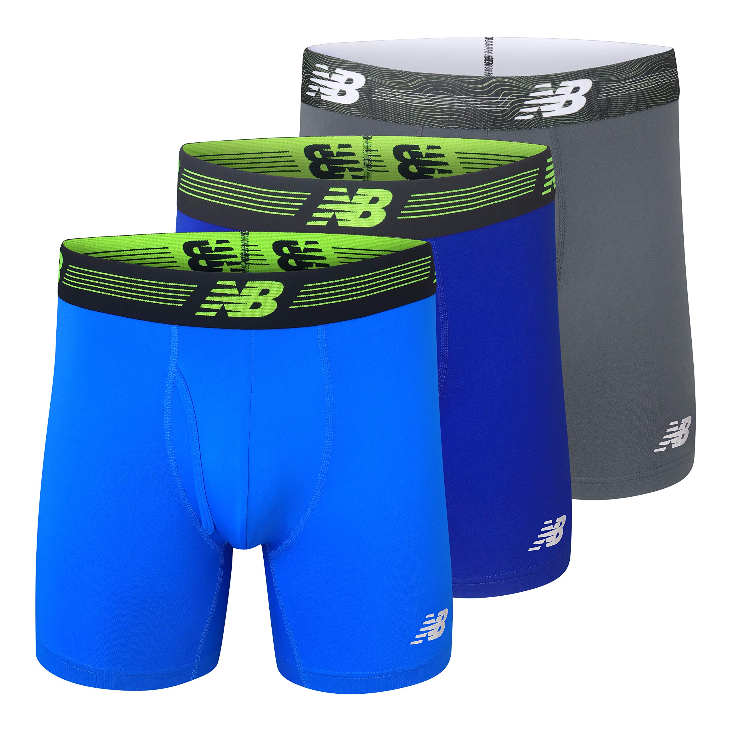 New Balance Men's 6" Boxer Brief Fly Front with Pouch, 3-Pack of 6 Inch Tagless Underwear (Team Royal/Lead/Bolt, XX-Large (44"-46"))