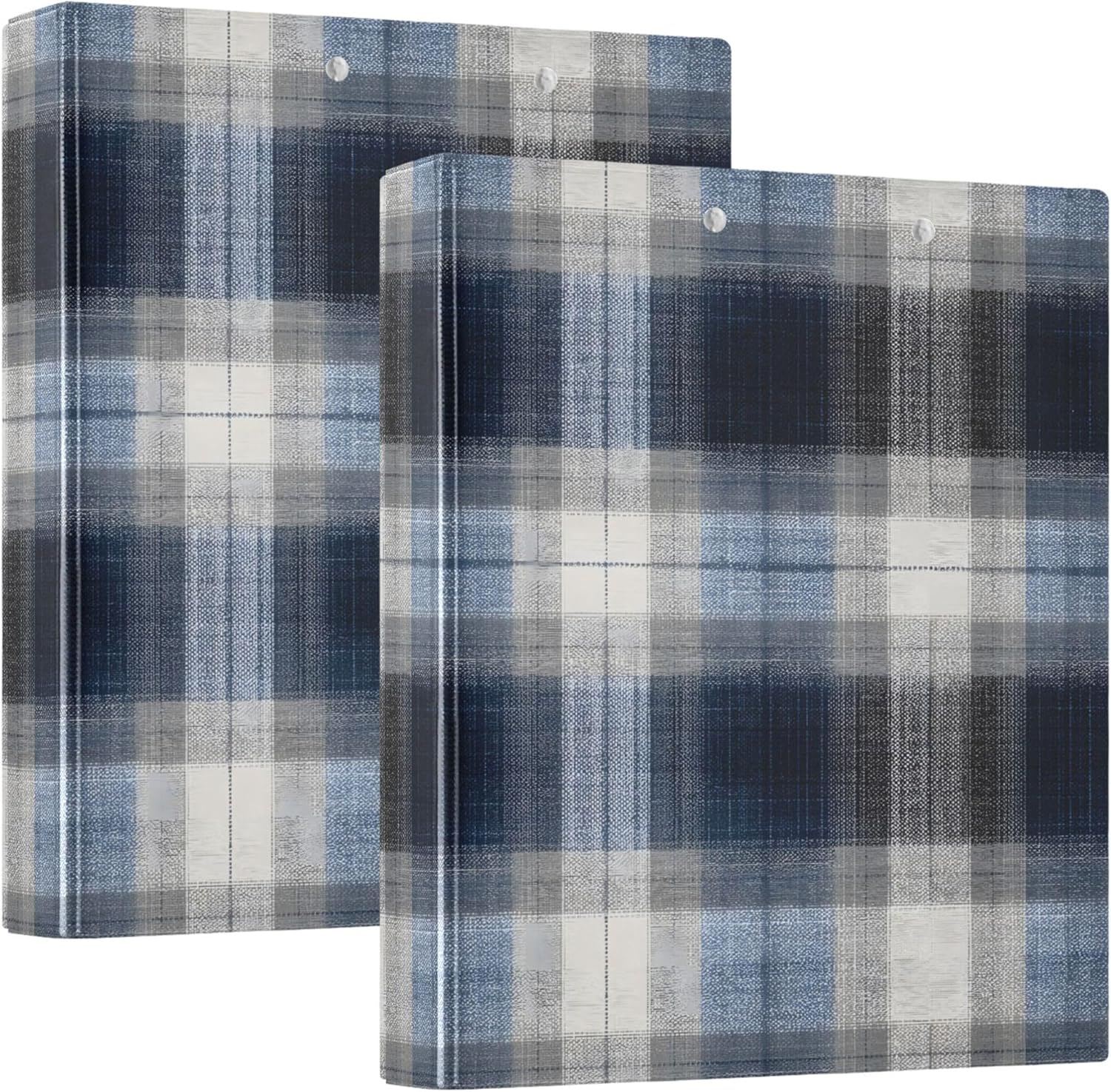 Dark Blue Gray Plaid 3 Ring Binders, 1.5” Round Ring Binders with Clipboard - Letter Size, 3 Interior PVC Clear Pockets & Anti-Slip Clip for Office School Supplies, 2PCS