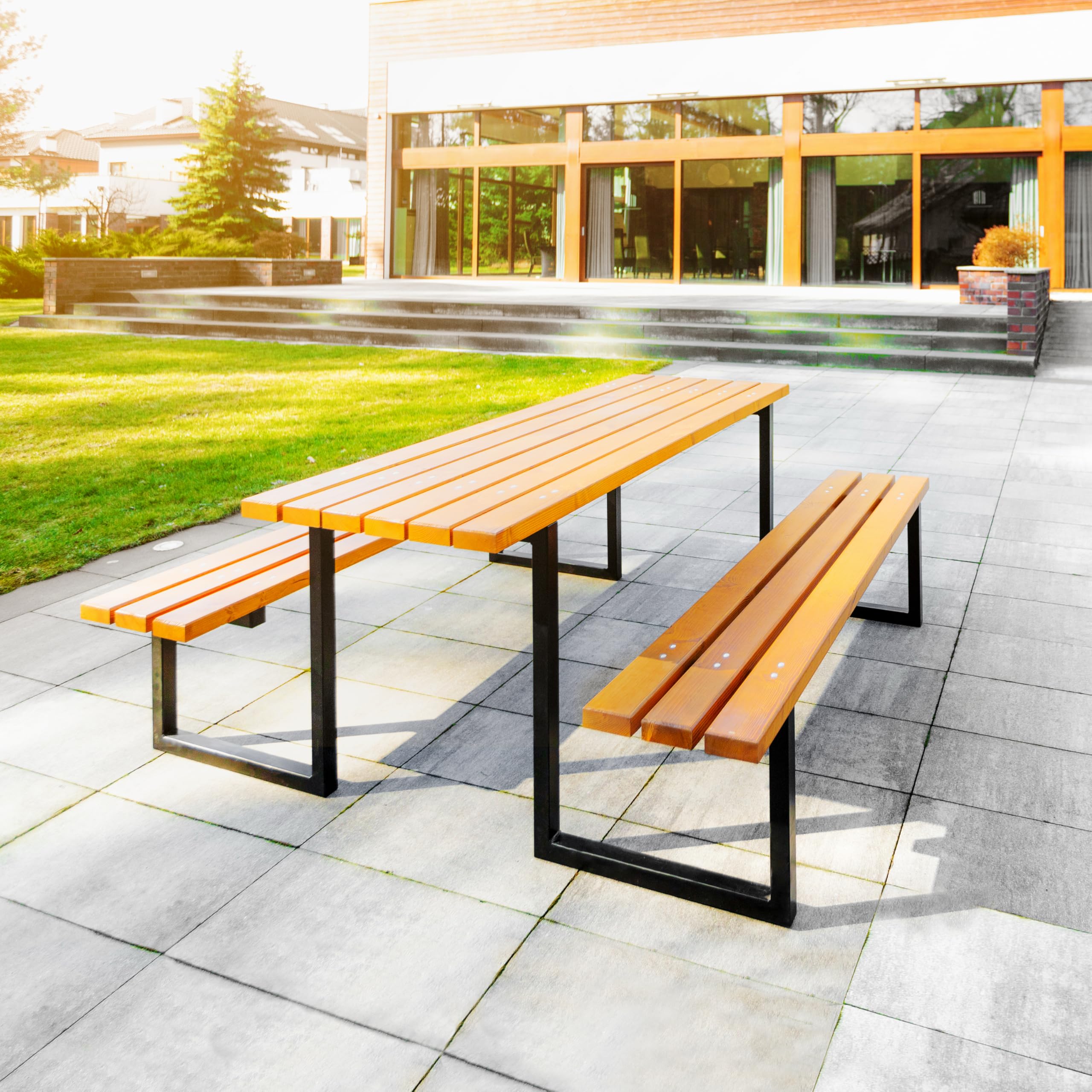 REKORD Massiver Picknicktisch Parktisch Atlas Sitzgruppe Holz Stahl 170x169x75cm Stabiler Gartentisch Bänke 6-8 Personen Wetterfest Robust für Park Terrasse Gastronomie Outdoor Tischset - Teak