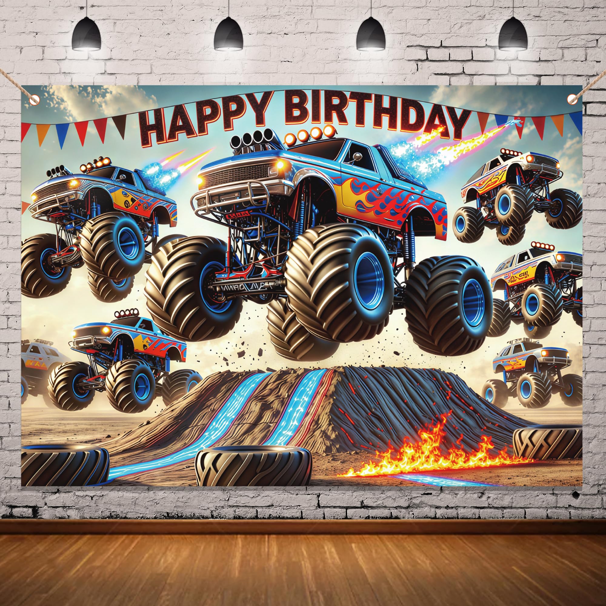Monster Truck Backdrop 7×5ft Birthday Banner for Truck Theme Party Decorations Monster Car Photograohy Background