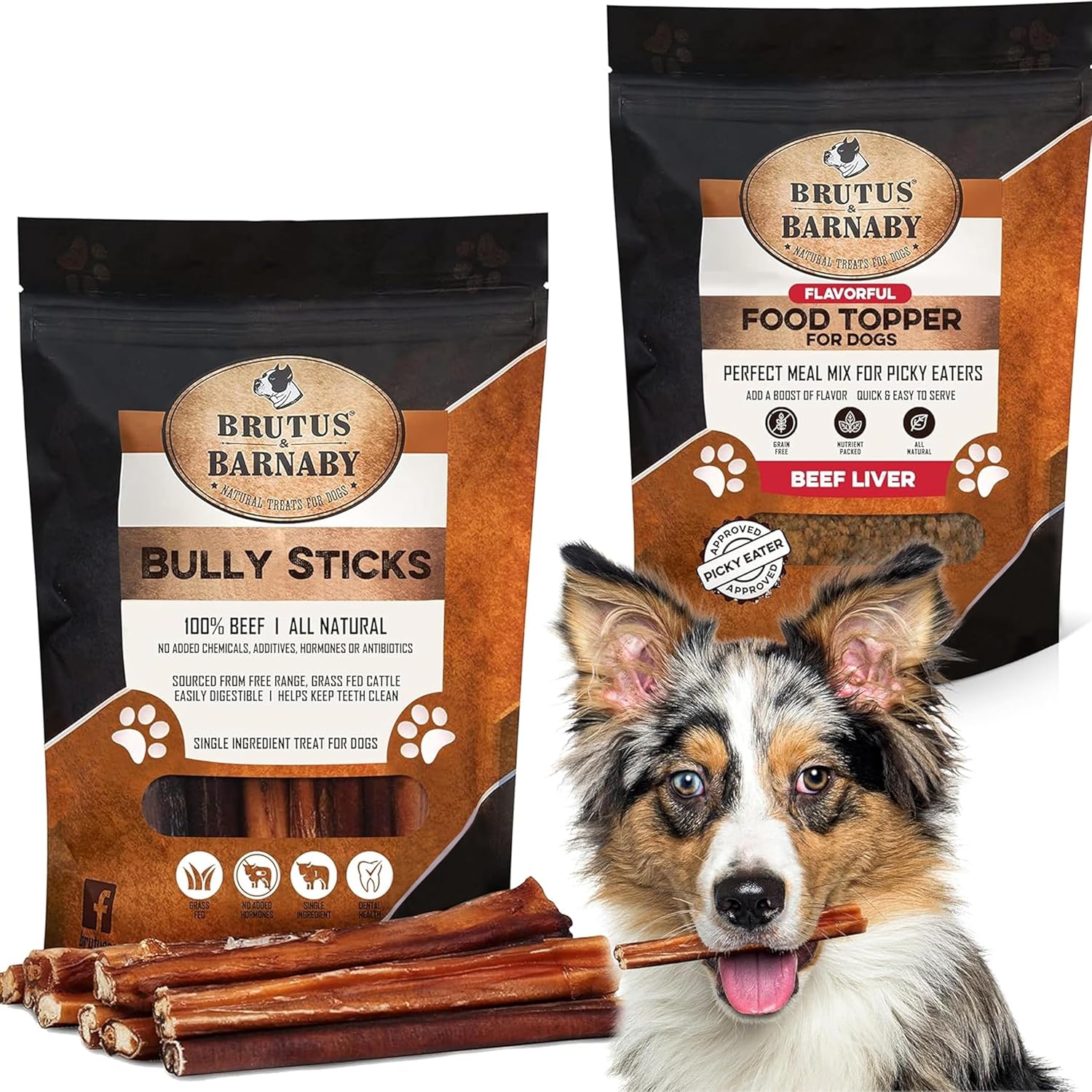 BRUTUS & BARNABY Beef Liver Food Topper + Bully Sticks Treats for Dogs